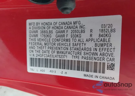 2020 Honda Civic Si Coupe from USA, damaged, VIN 2HGFC3A53LH752371